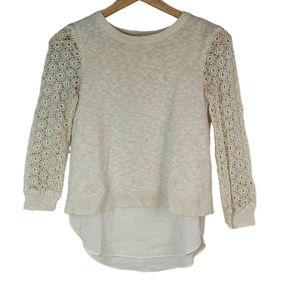 Lucky Brand Open Knit Top Cream Size XS Lace Chiffon Split Back Cinema Linen